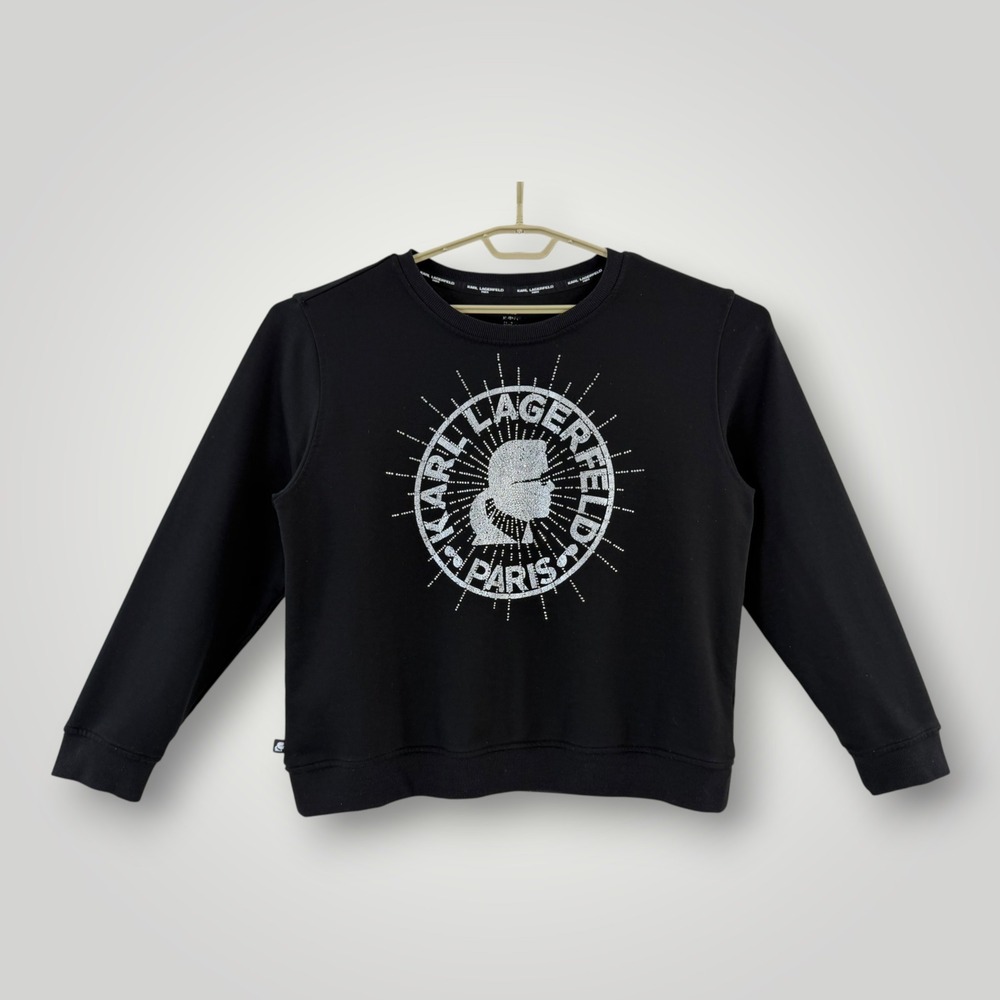 Karl Lagerfeld Paris Womens Black Rhinestone Logo Sweatshirt XL Long Sleeve